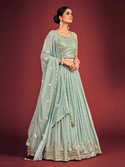 Odette Light Blue Georgette Embellished Stitched Lehenga Set For Women