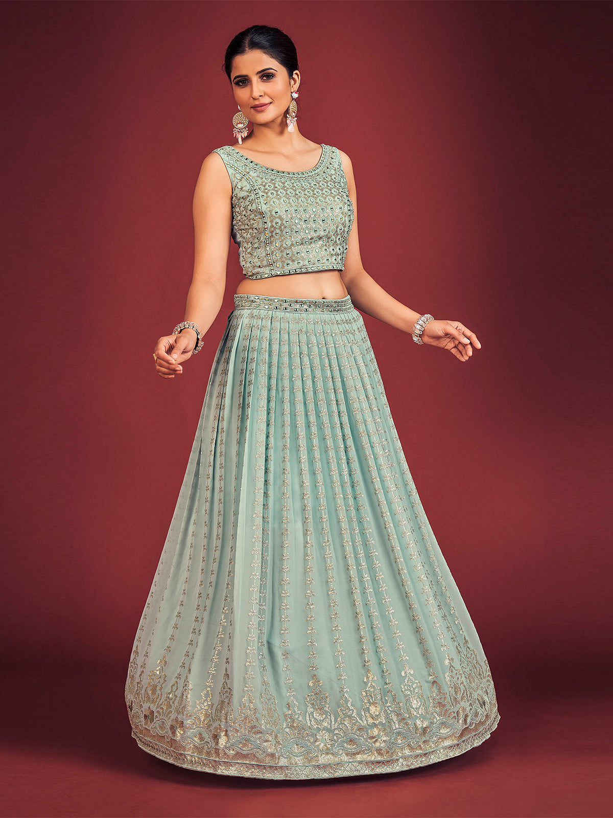 Odette Light Blue Georgette Embellished Stitched Lehenga Set For Women