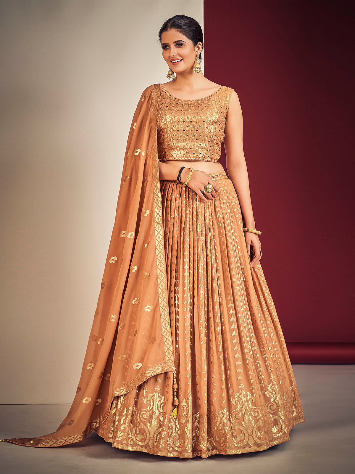 Odette Peach Georgette Embellished Stitched Lehenga Set For Women