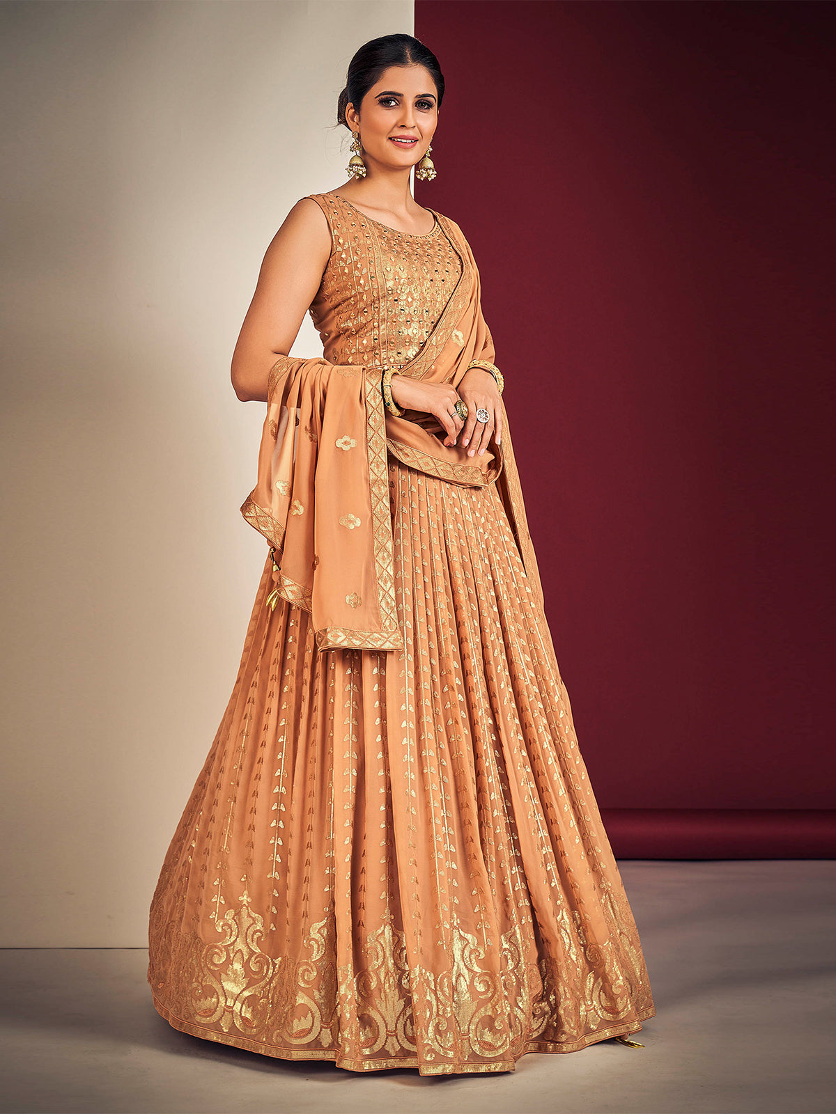 Odette Peach Georgette Embellished Stitched Lehenga Set For Women