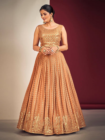 Odette Peach Georgette Embellished Stitched Lehenga Set For Women