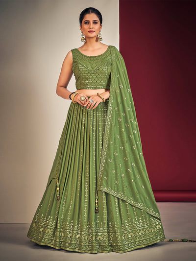 Odette Green Georgette Embellished Stitched Lehenga Set  For Women