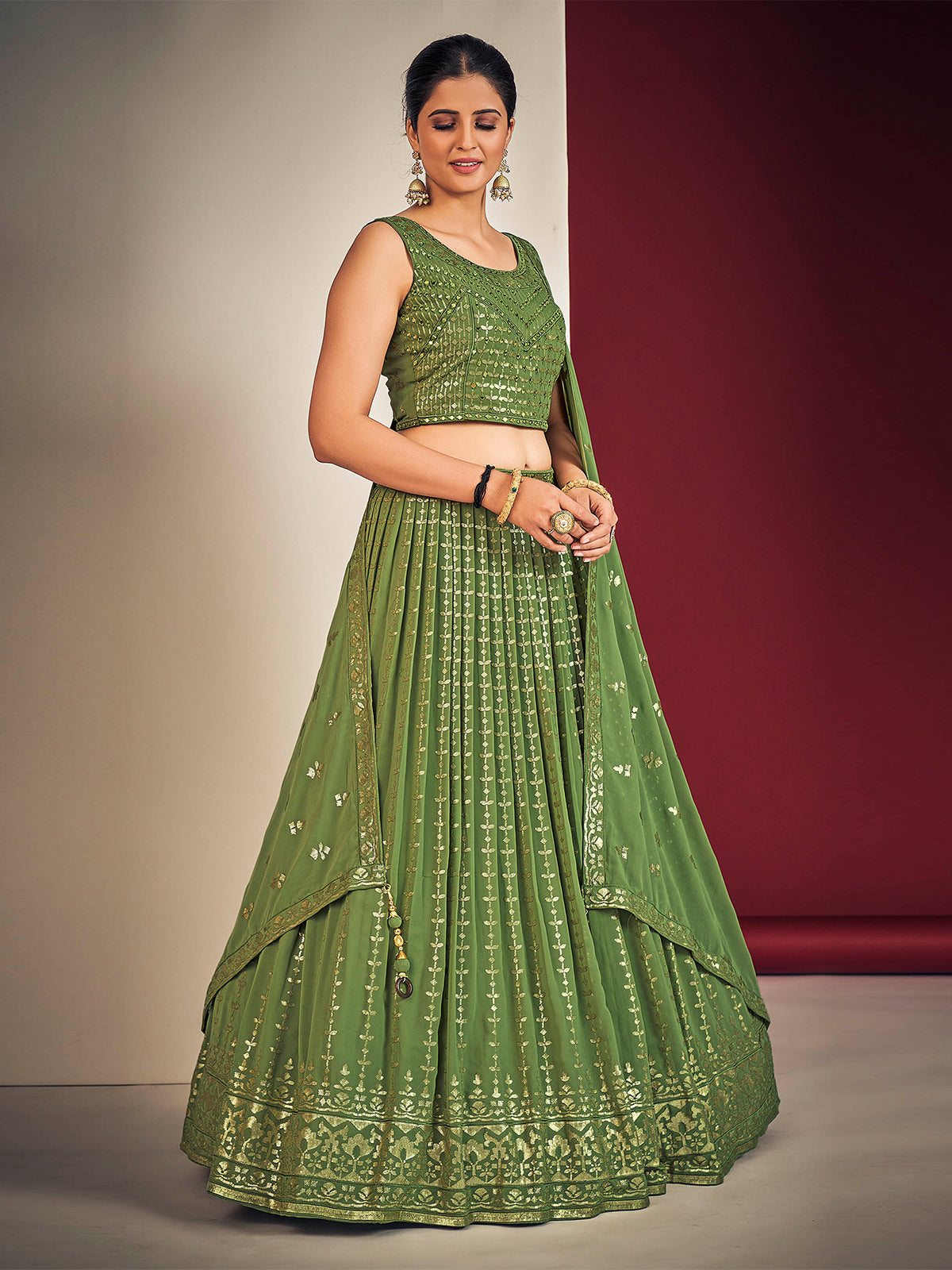 Odette Green Georgette Embellished Stitched Lehenga Set  For Women