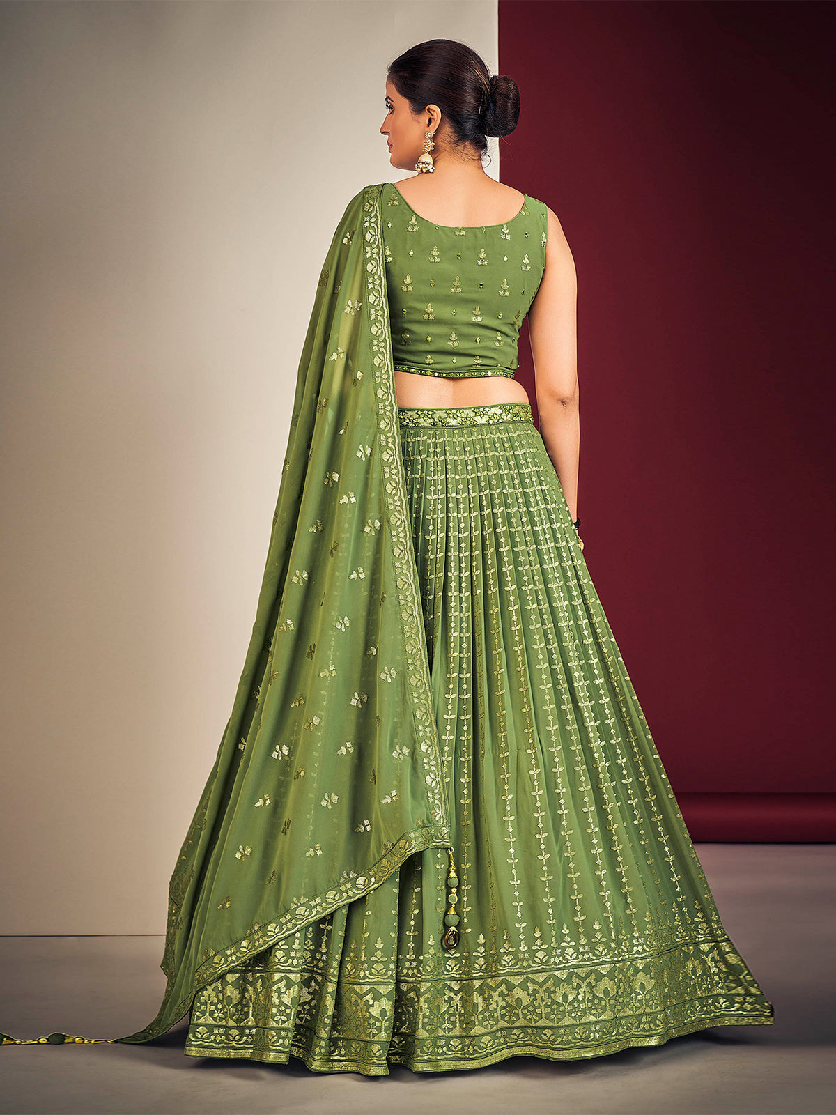 Odette Green Georgette Embellished Stitched Lehenga Set  For Women