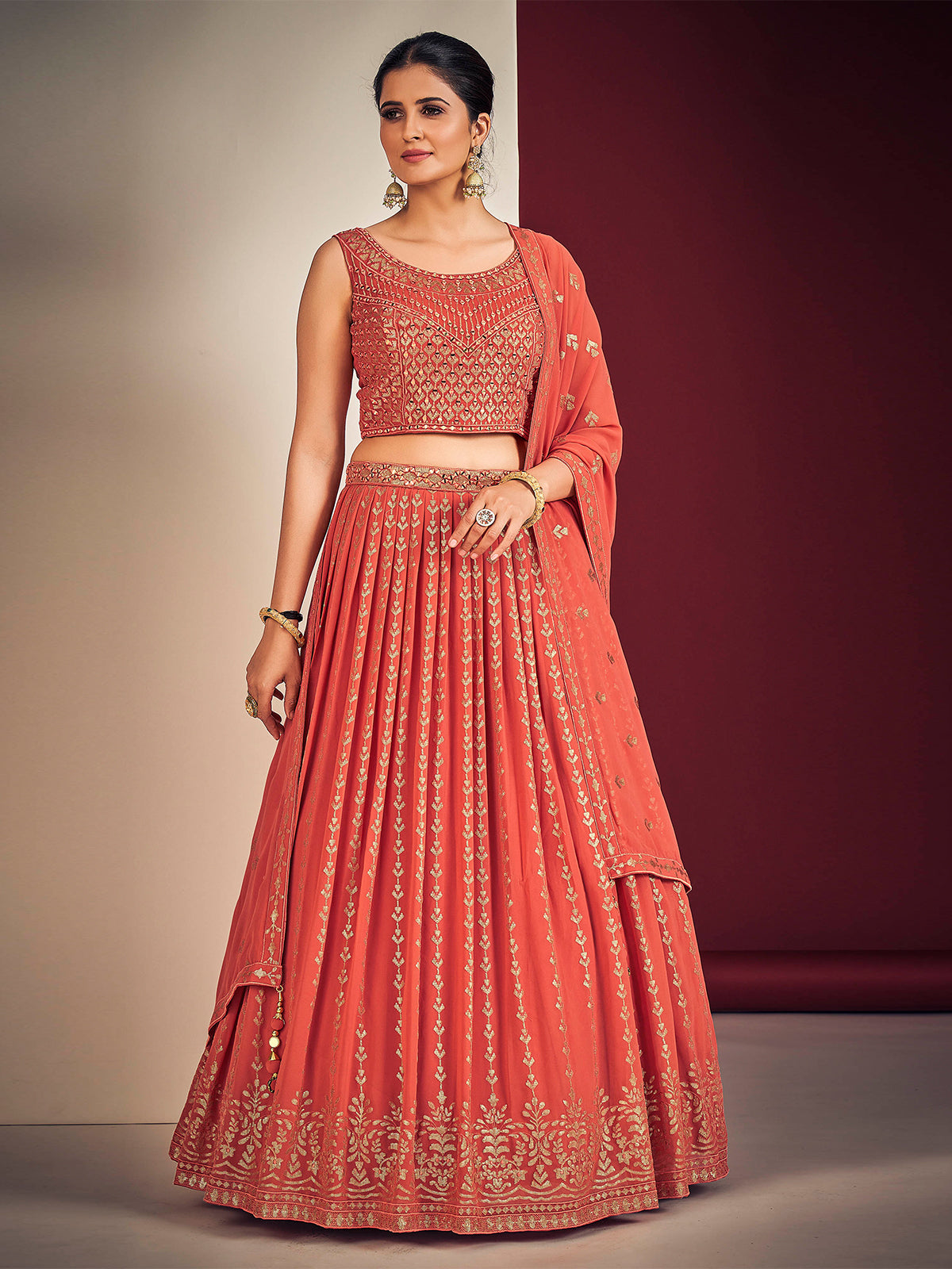 Odette Coral Georgette Embellished Full Stitched Lehenga Set For Women