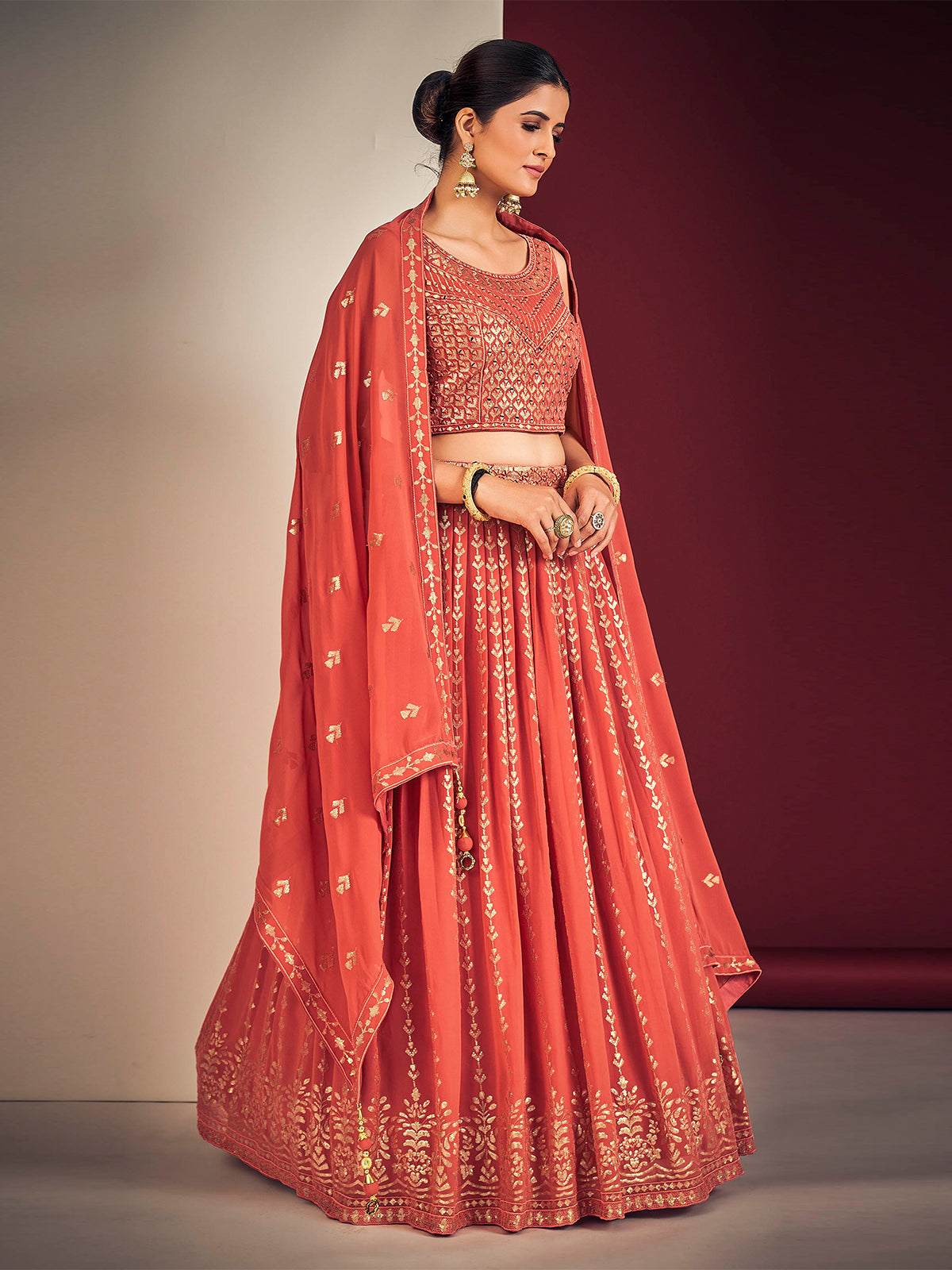 Odette Coral Georgette Embellished Full Stitched Lehenga Set For Women