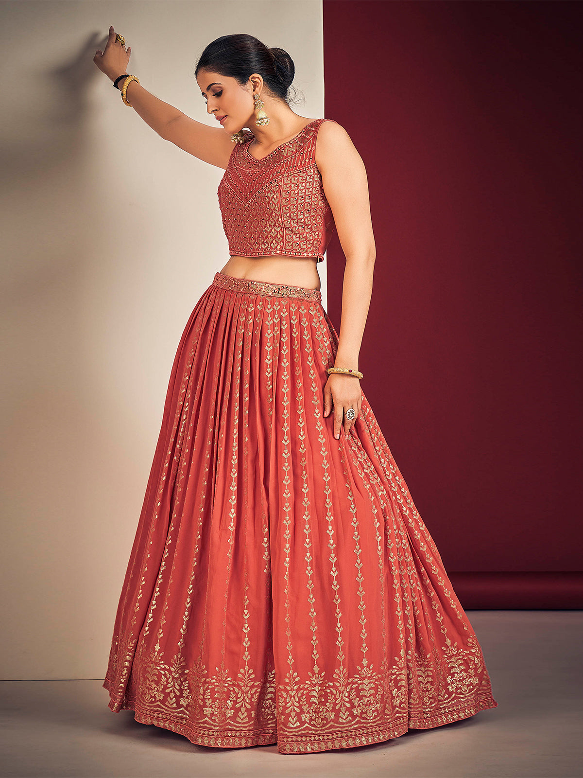 Odette Coral Georgette Embellished Full Stitched Lehenga Set For Women