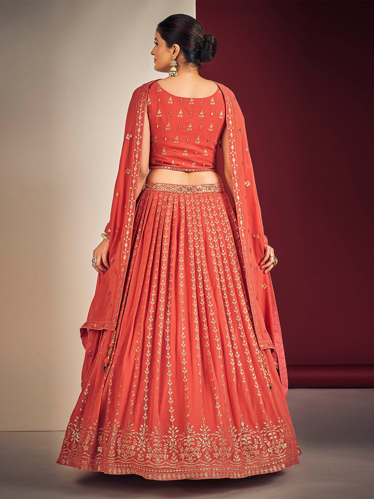 Odette Coral Georgette Embellished Full Stitched Lehenga Set For Women