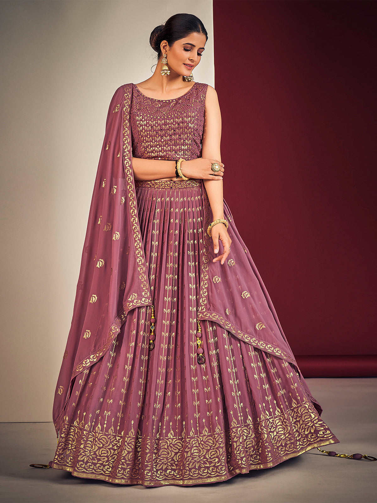 Odette Mauve Pink Georgette Embellished Stitched Lehenga Set For Women