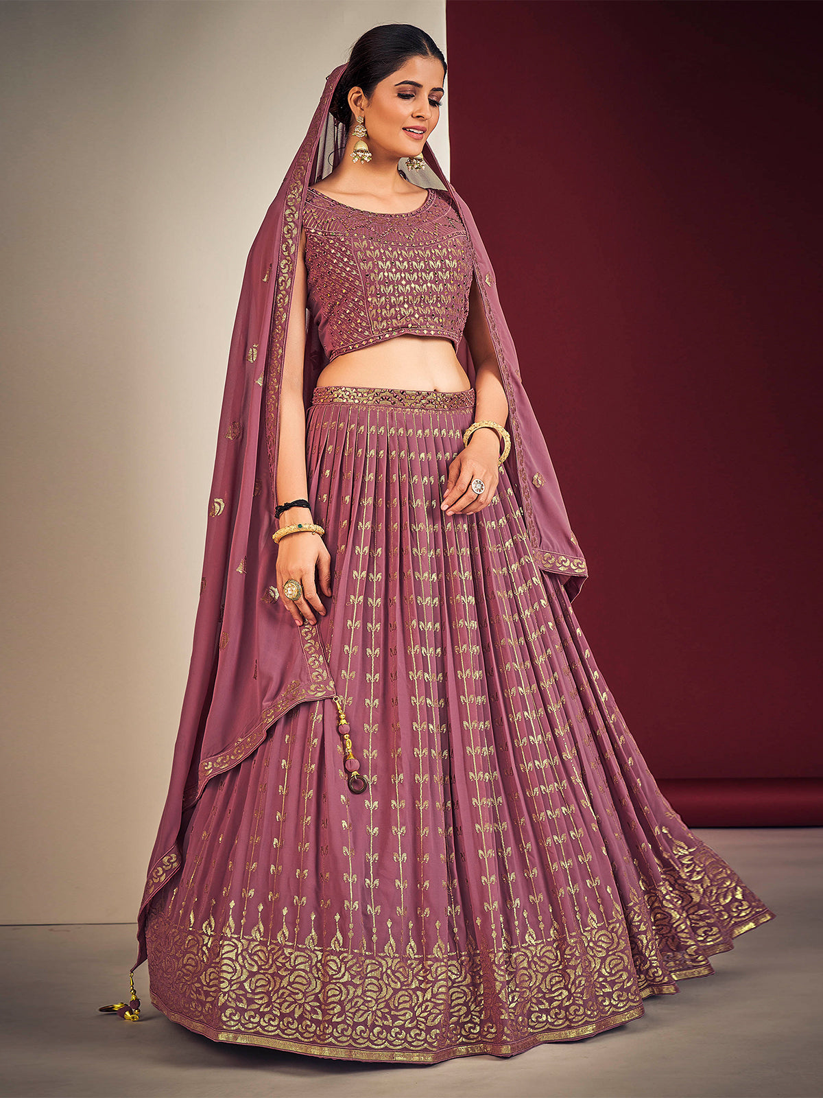 Odette Mauve Pink Georgette Embellished Stitched Lehenga Set For Women