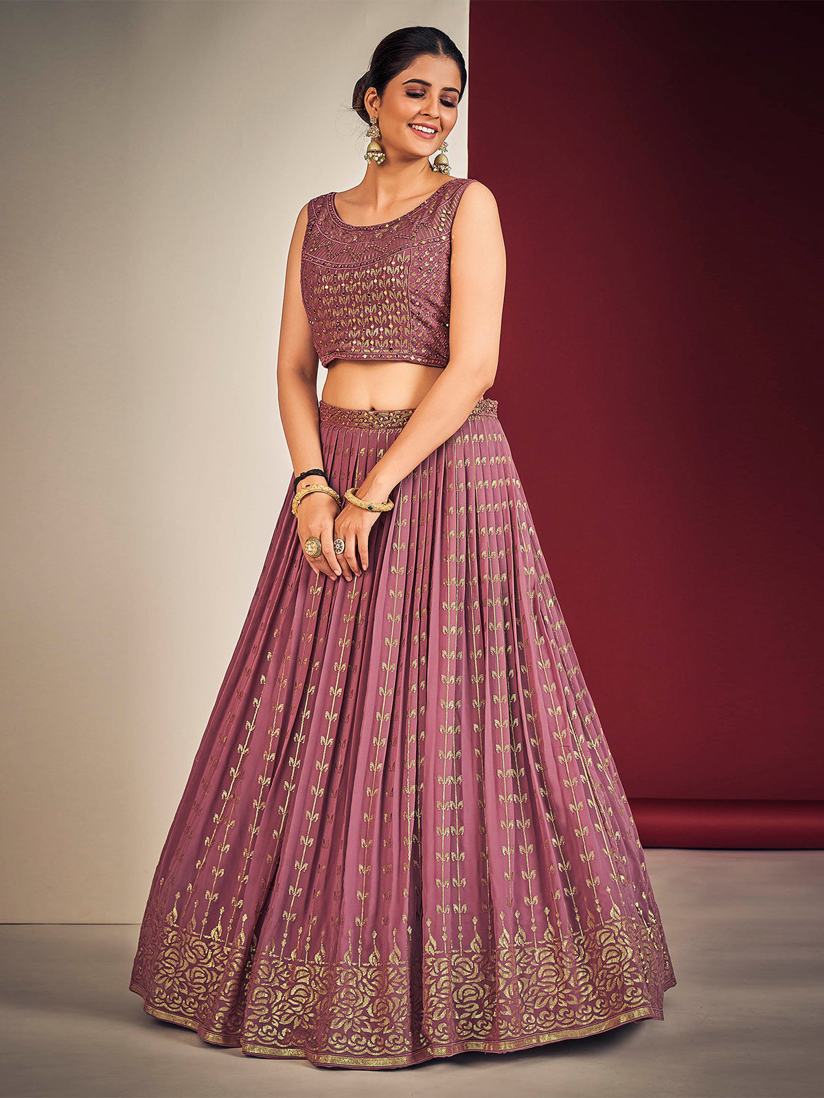 Odette Mauve Pink Georgette Embellished Stitched Lehenga Set For Women