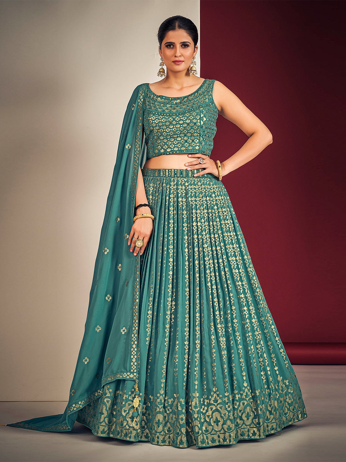 Odette Teal Blue Georgette Embellished Stitched Lehenga Set For Women