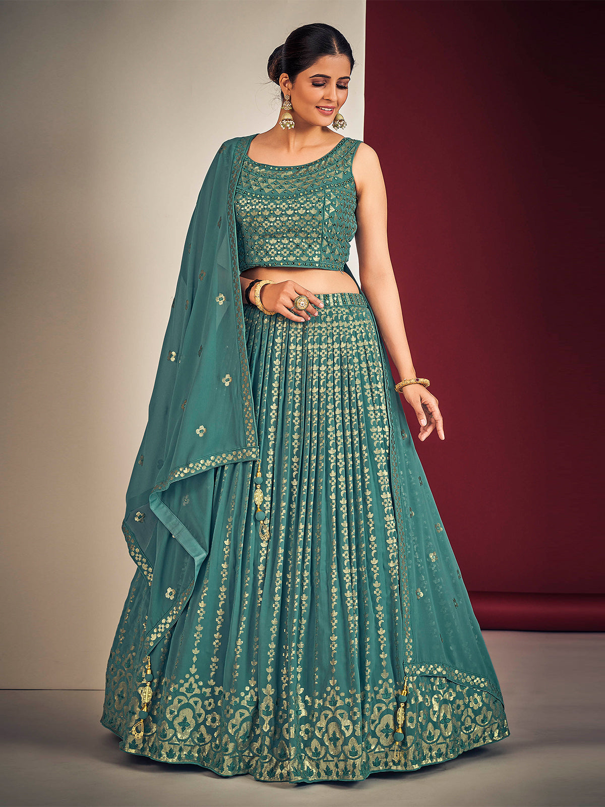 Odette Teal Blue Georgette Embellished Stitched Lehenga Set For Women