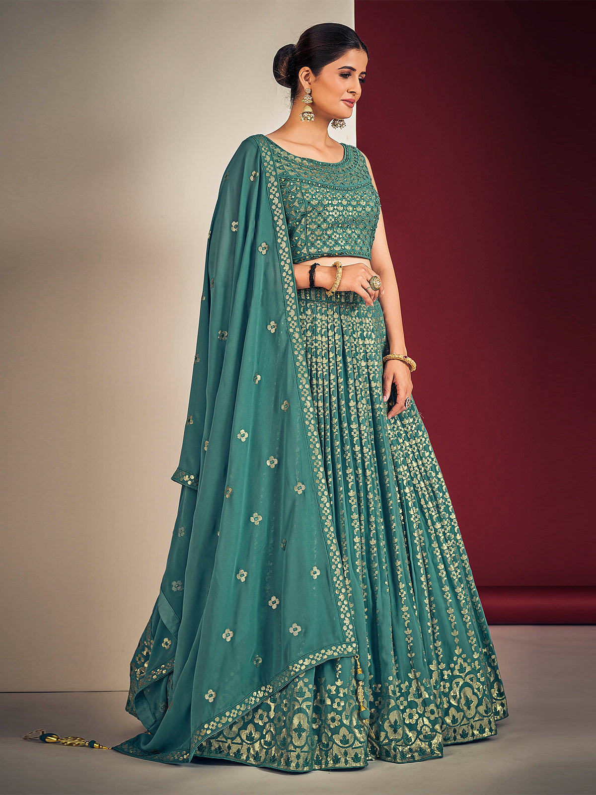 Odette Teal Blue Georgette Embellished Stitched Lehenga Set For Women