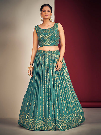 Odette Teal Blue Georgette Embellished Stitched Lehenga Set For Women