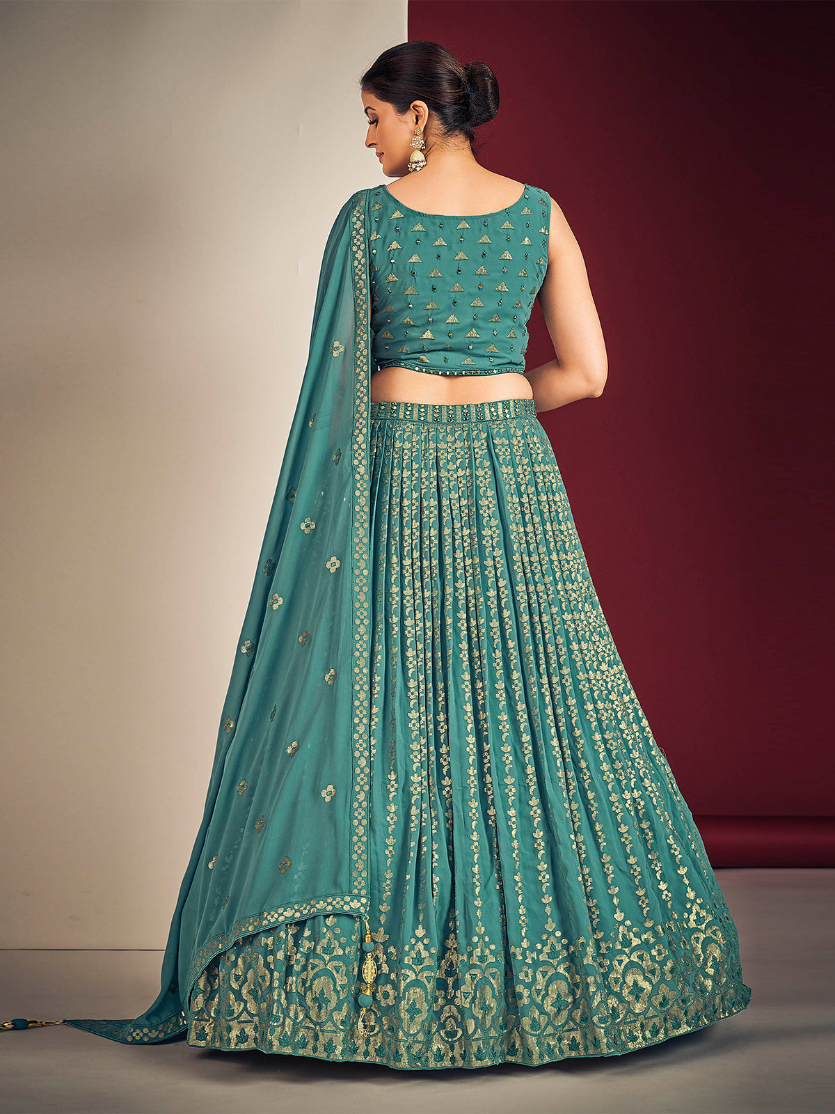 Odette Teal Blue Georgette Embellished Stitched Lehenga Set For Women