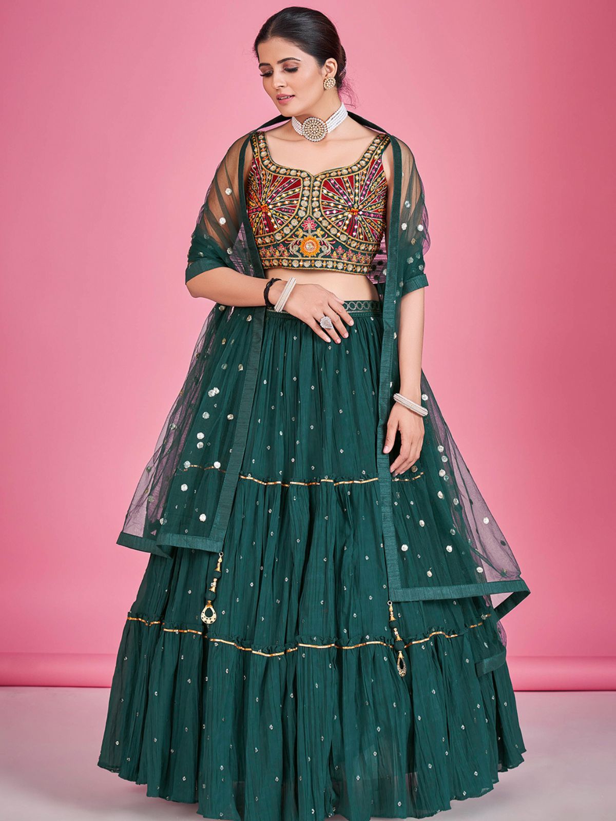 Odette Green Georgette Embellished Stitched Lehenga Set  For Women