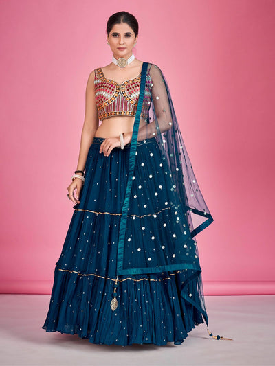 Odette Navy Blue Georgette Embellished  Stitched Lehenga Set  For Women