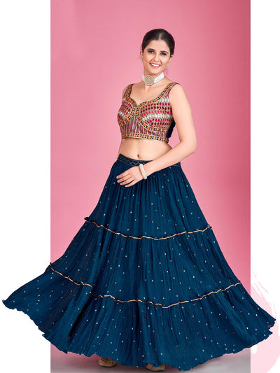 Odette Navy Blue Georgette Embellished  Stitched Lehenga Set  For Women