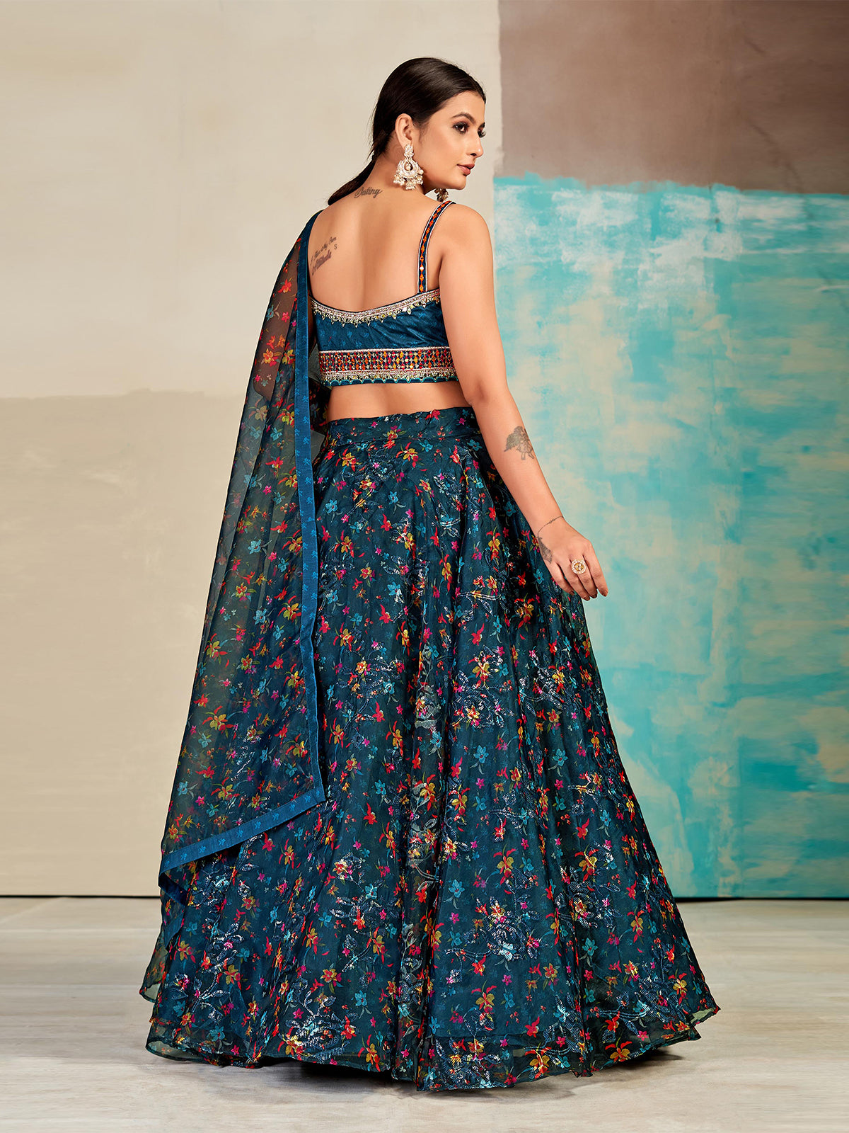 Odette Teal Blue Organza Printed Stitched Lehenga Set For Women