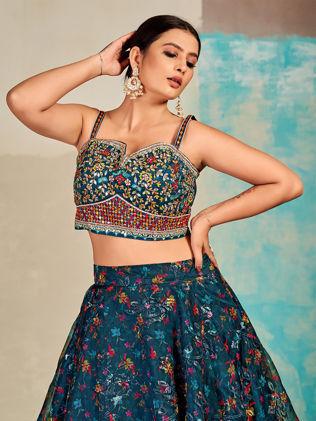 Odette Teal Blue Organza Printed Stitched Lehenga Set For Women