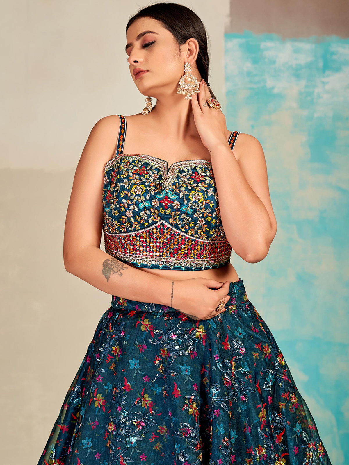 Odette Teal Blue Organza Printed Stitched Lehenga Set For Women