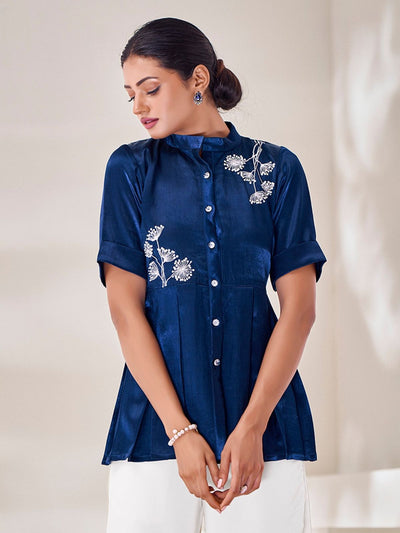 Odette Blue Silk Blend Embroidered Top For Women