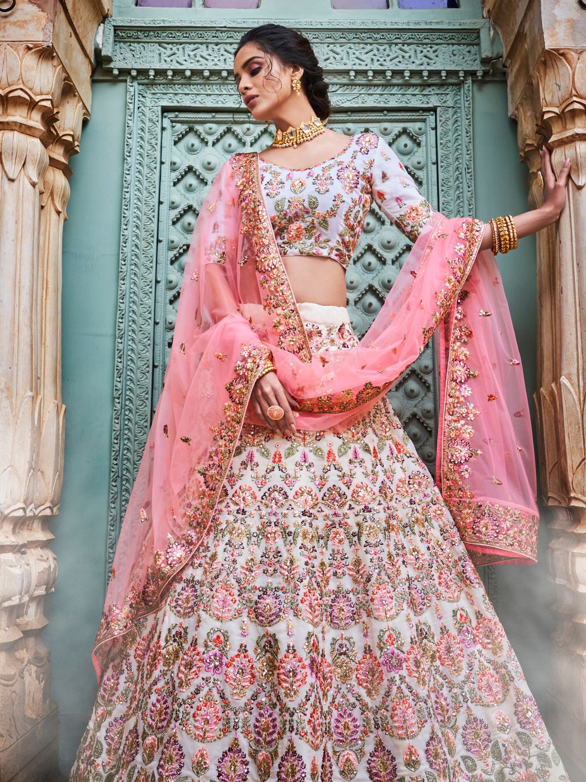 Odette Off White Georgette Embroidered Semi-Stitched Lehenga With Unstitched Blouse For Women