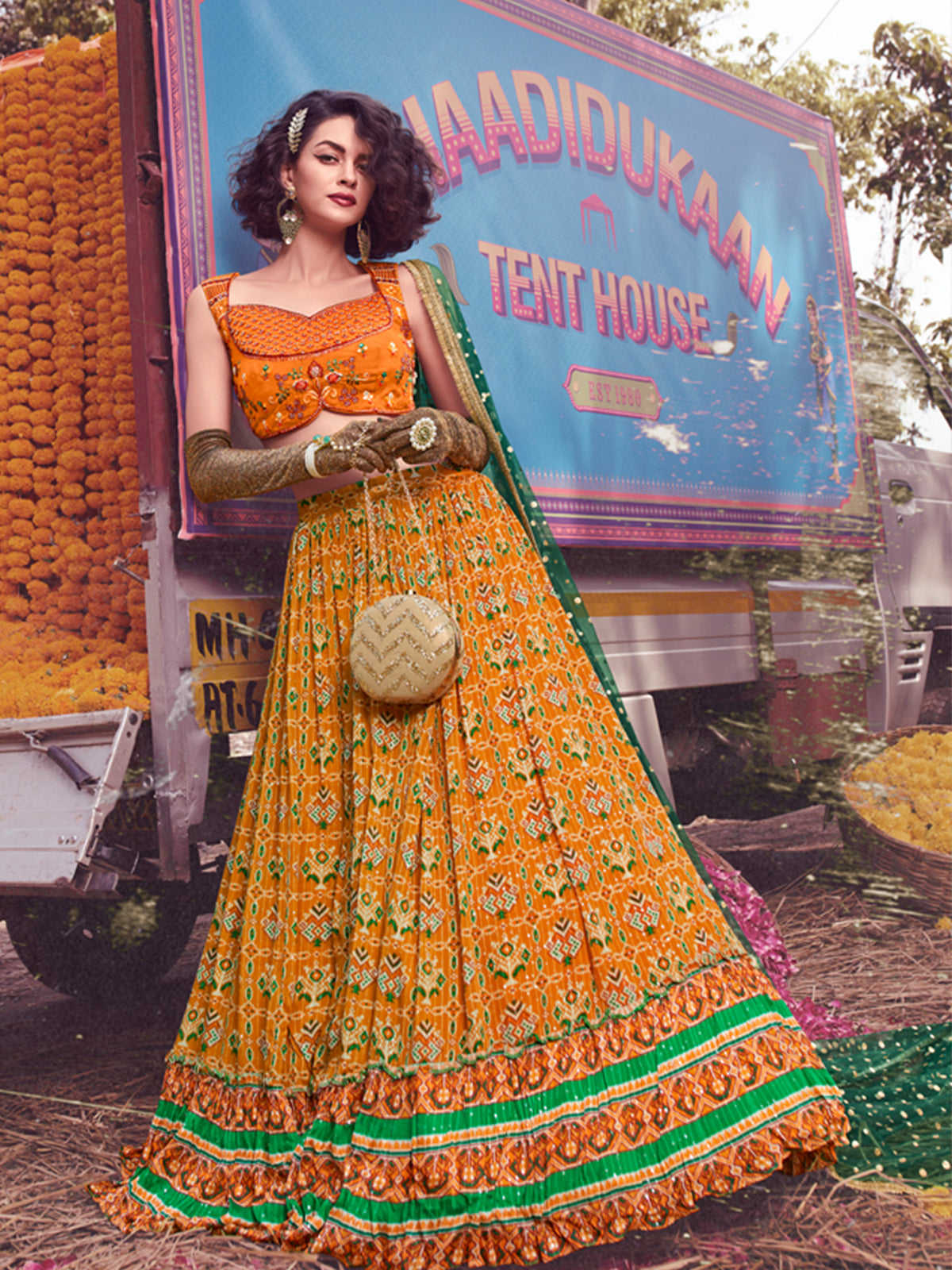 Odette Mustard Chinon Embellished Stitched Lehenga With Stitched Blouse For Women