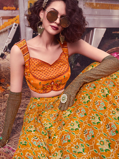 Odette Mustard Chinon Embellished Stitched Lehenga With Stitched Blouse For Women