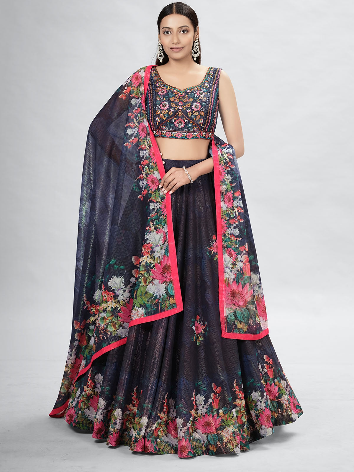 Odette Navy Blue Art Silk Embellished Semi Stitched Lehenga With Unstitched Blouse For Women