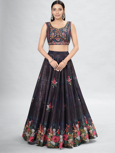 Odette Navy Blue Art Silk Embellished Semi Stitched Lehenga With Unstitched Blouse For Women