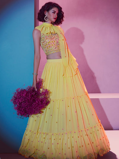 Odette Yellow Georgette Embellished Semi Stitched Lehenga With Unstitched Blouse For Women