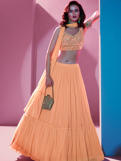 Odette Orange Georgette Embellished Semi Stitched Lehenga With Unstitched Blouse For Women