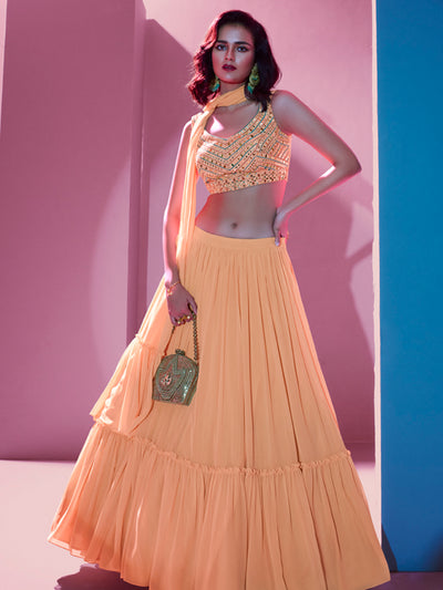 Odette Orange Georgette Embellished Semi Stitched Lehenga With Unstitched Blouse For Women