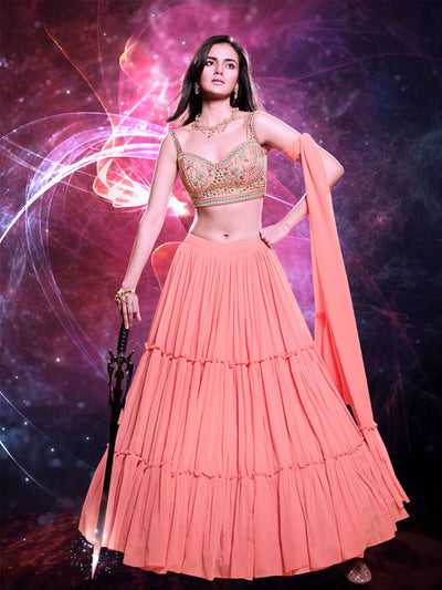 Odette Pink Georgette Embellished Semi Stitched Lehenga With Unstitched Blouse For Women