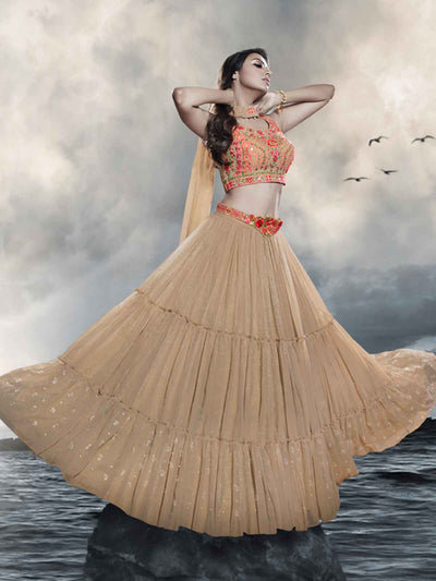 Odette Beige Chinon Art Silk Embellished Semi Stitched Lehenga With Unstitched Blouse For Women