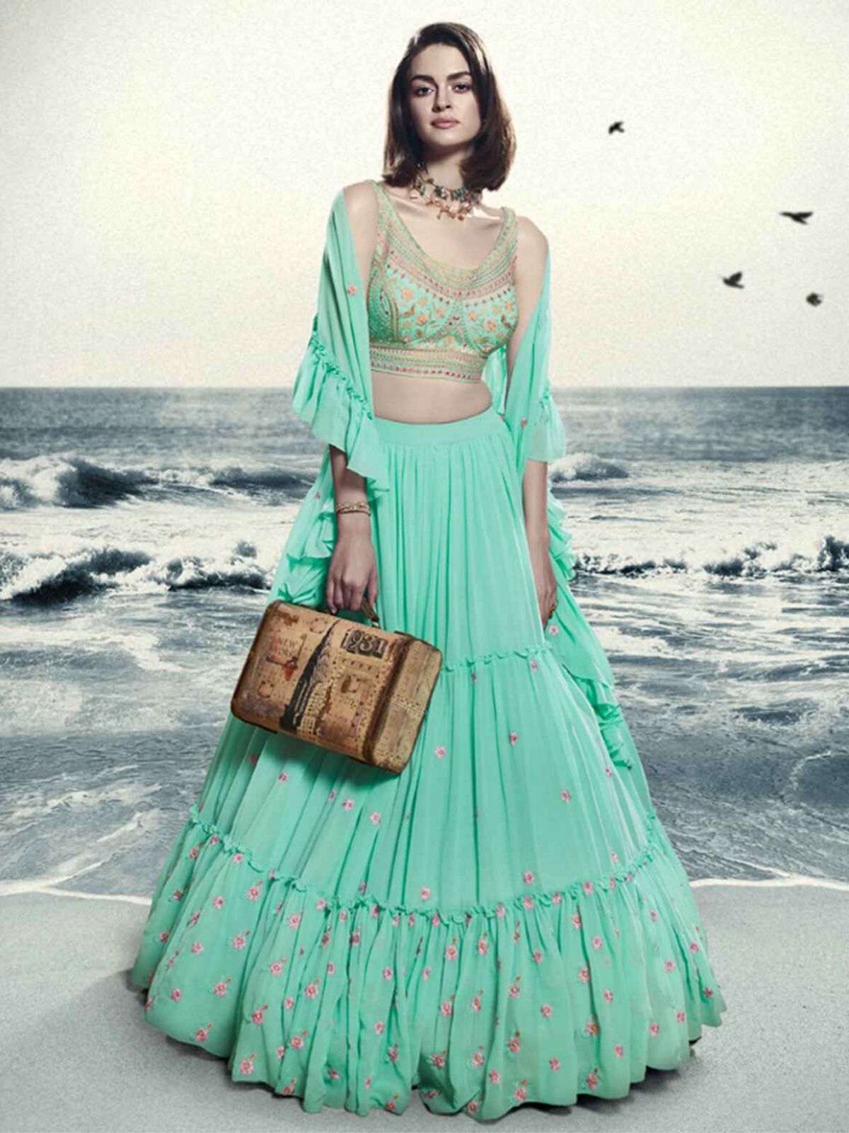 Odette Blue Georgette Embellished Semi Stitched Lehenga With Unstitched Blouse For Women