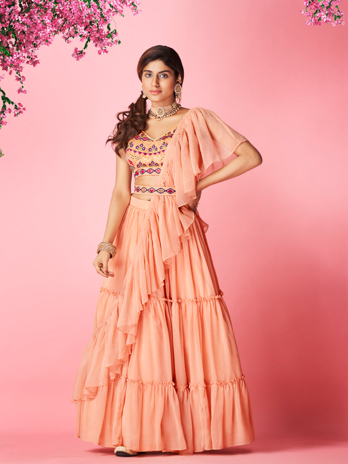 Odette Peach Chiffon Embellished Semi Stitched Lehenga With Unstitched Blouse For Women