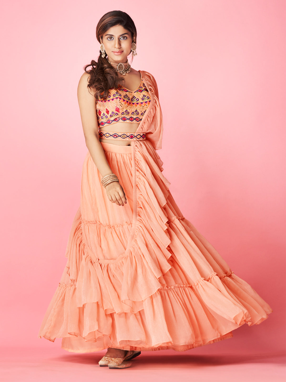 Odette Peach Chiffon Embellished Semi Stitched Lehenga With Unstitched Blouse For Women