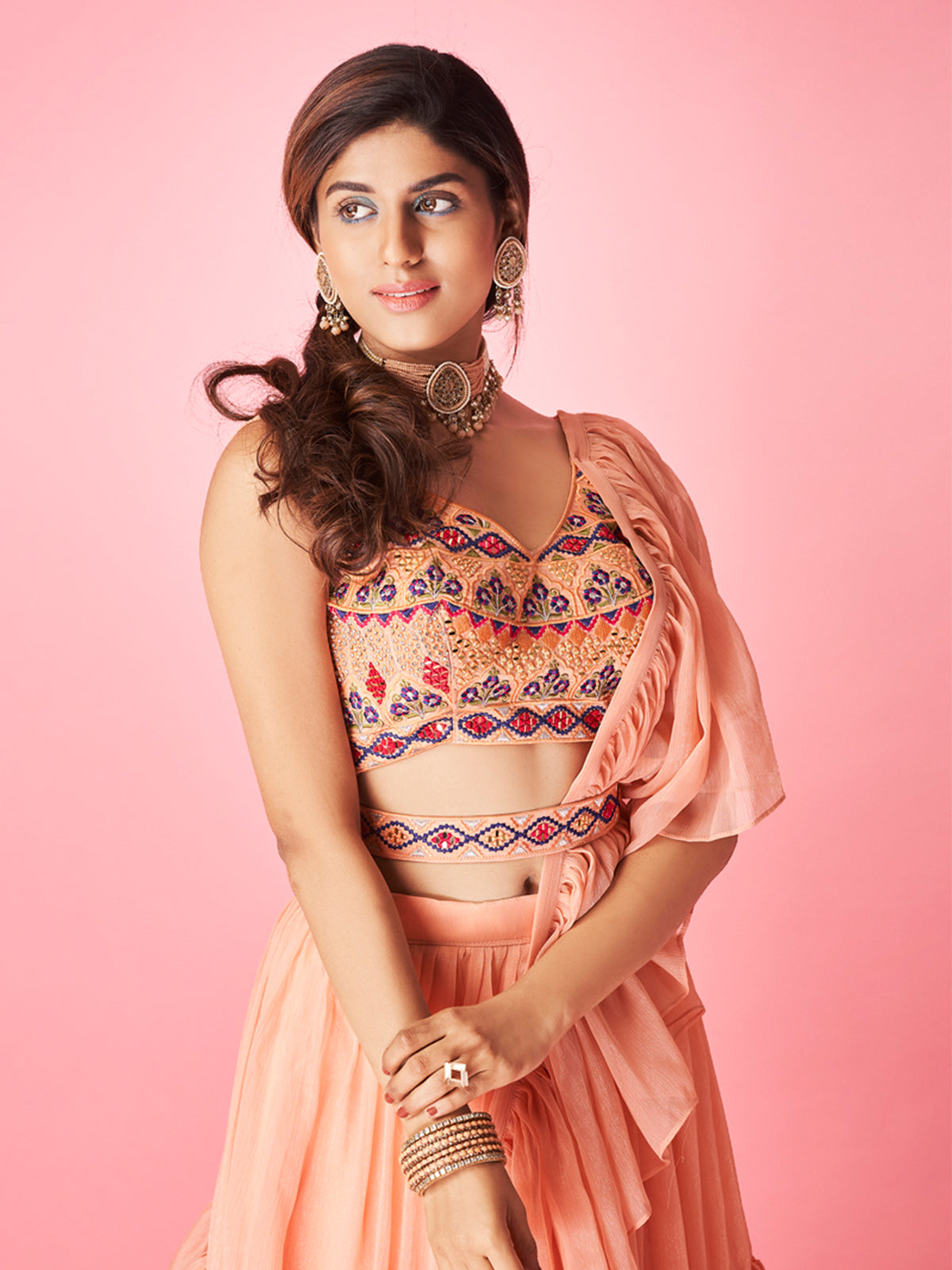 Odette Peach Chiffon Embellished Semi Stitched Lehenga With Unstitched Blouse For Women