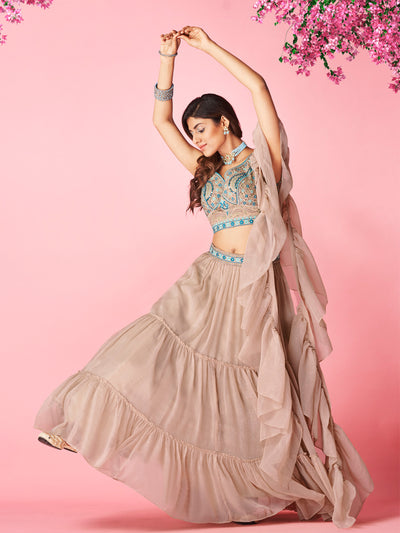 Odette Peach Chiffon Embellished Semi Stitched Lehenga With Unstitched Blouse For Women