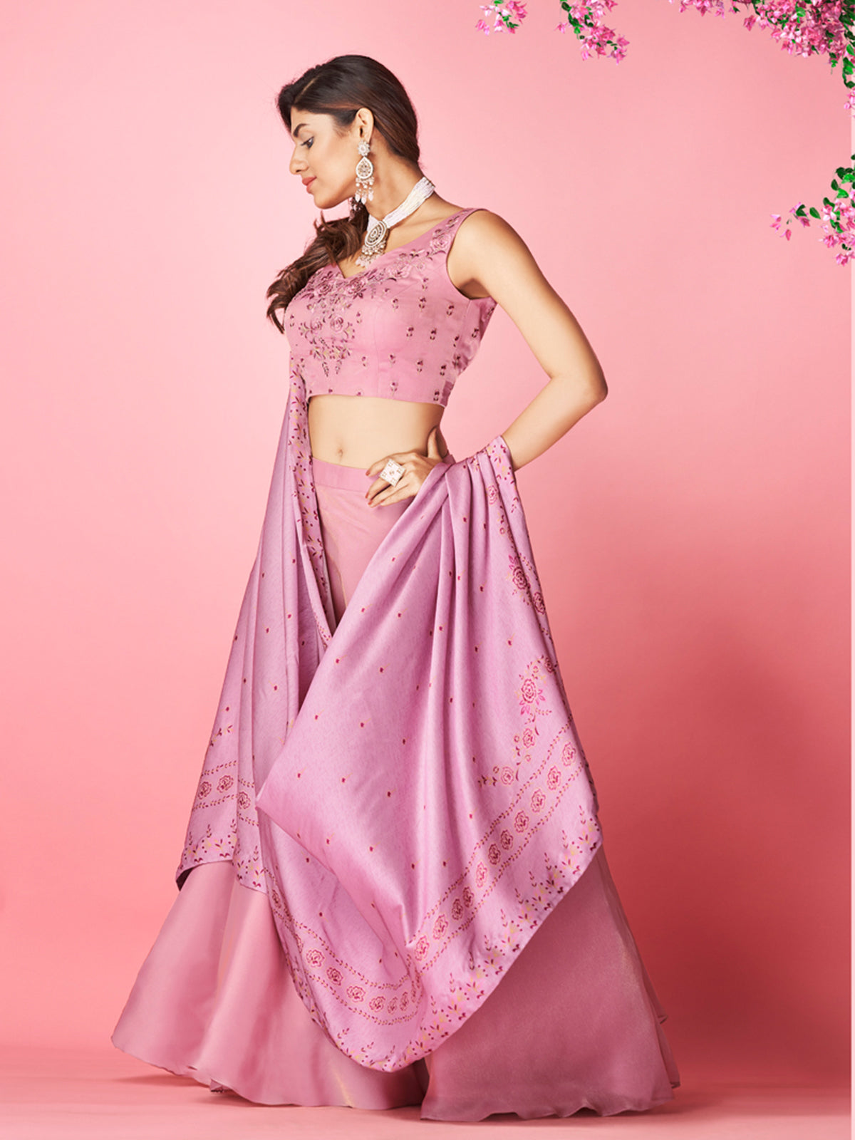 Odette Lilac Chiffon Embellished Stitched Semi Stitched Lehenga With Unstitched Blouse For Women