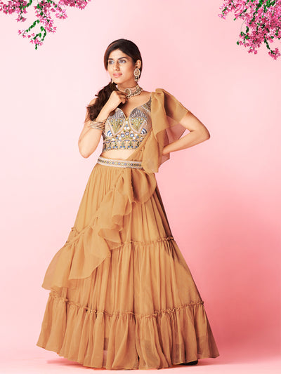 Odette Orange Chiffon Embellished Semi Stitched Lehenga With Unstitched Blouse For Women