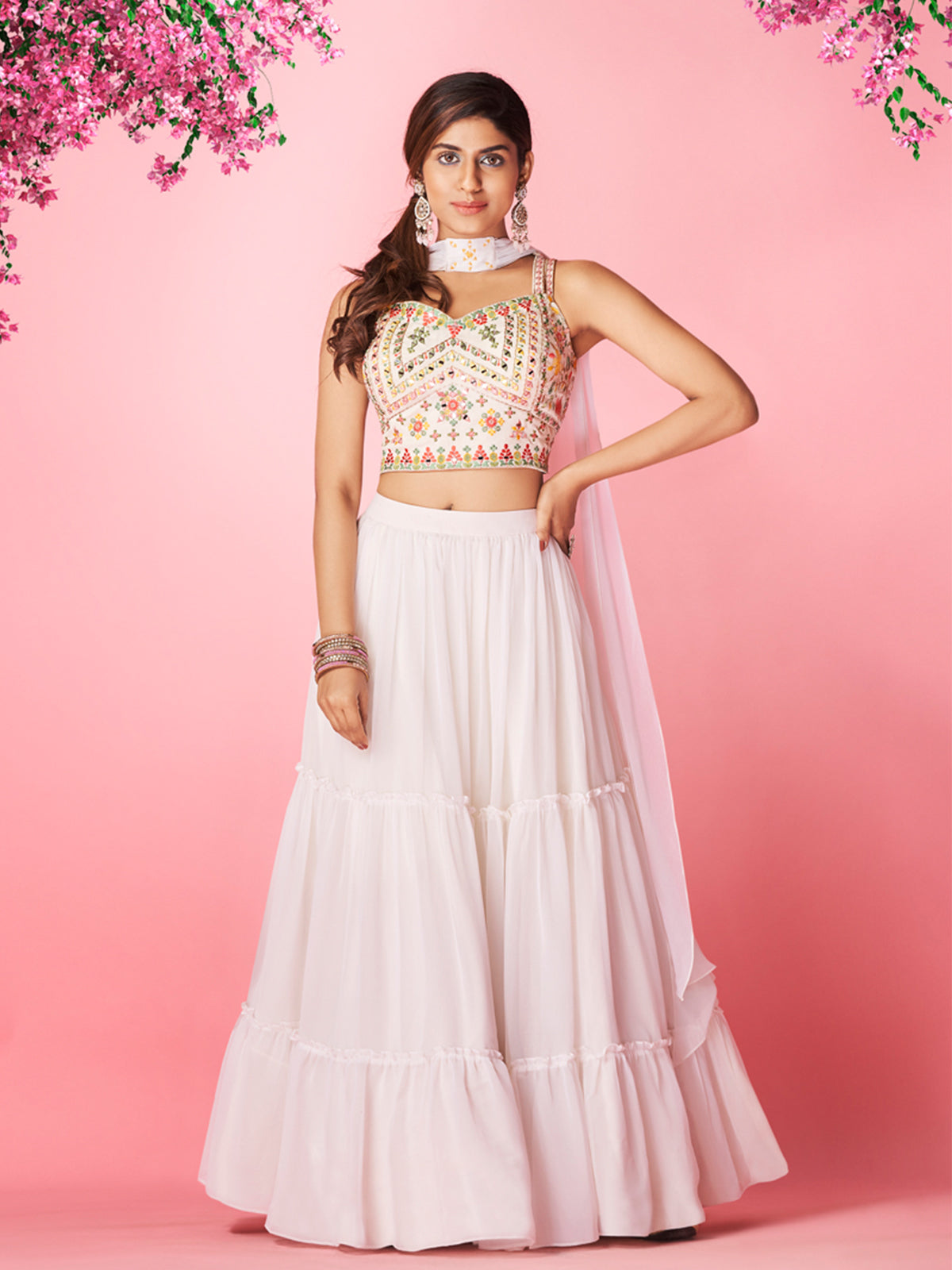 Odette White Georgette Embellished Semi Stitched Lehenga With Unstitched Blouse For Women