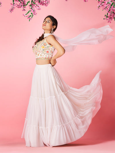 Odette White Georgette Embellished Semi Stitched Lehenga With Unstitched Blouse For Women