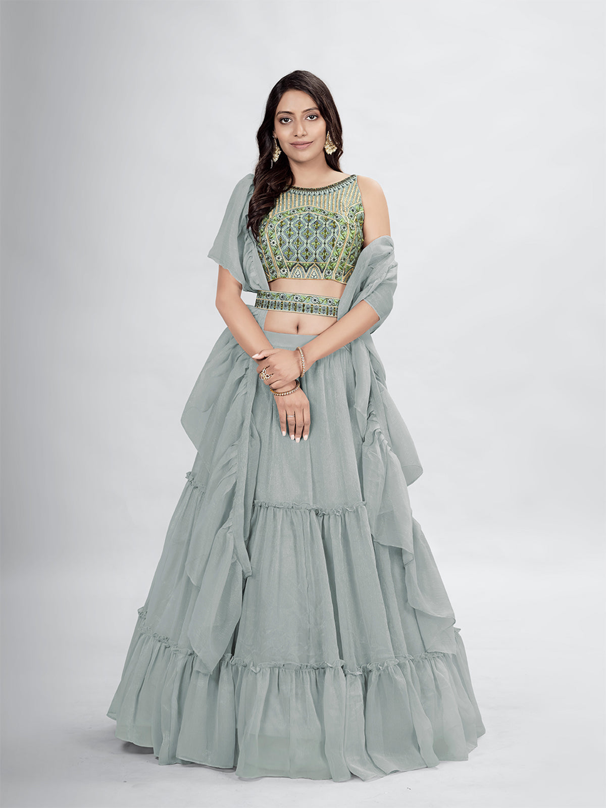 Odette Grey Chiffon Embellished Stitched Lehenga With Stitched Blouse For Women