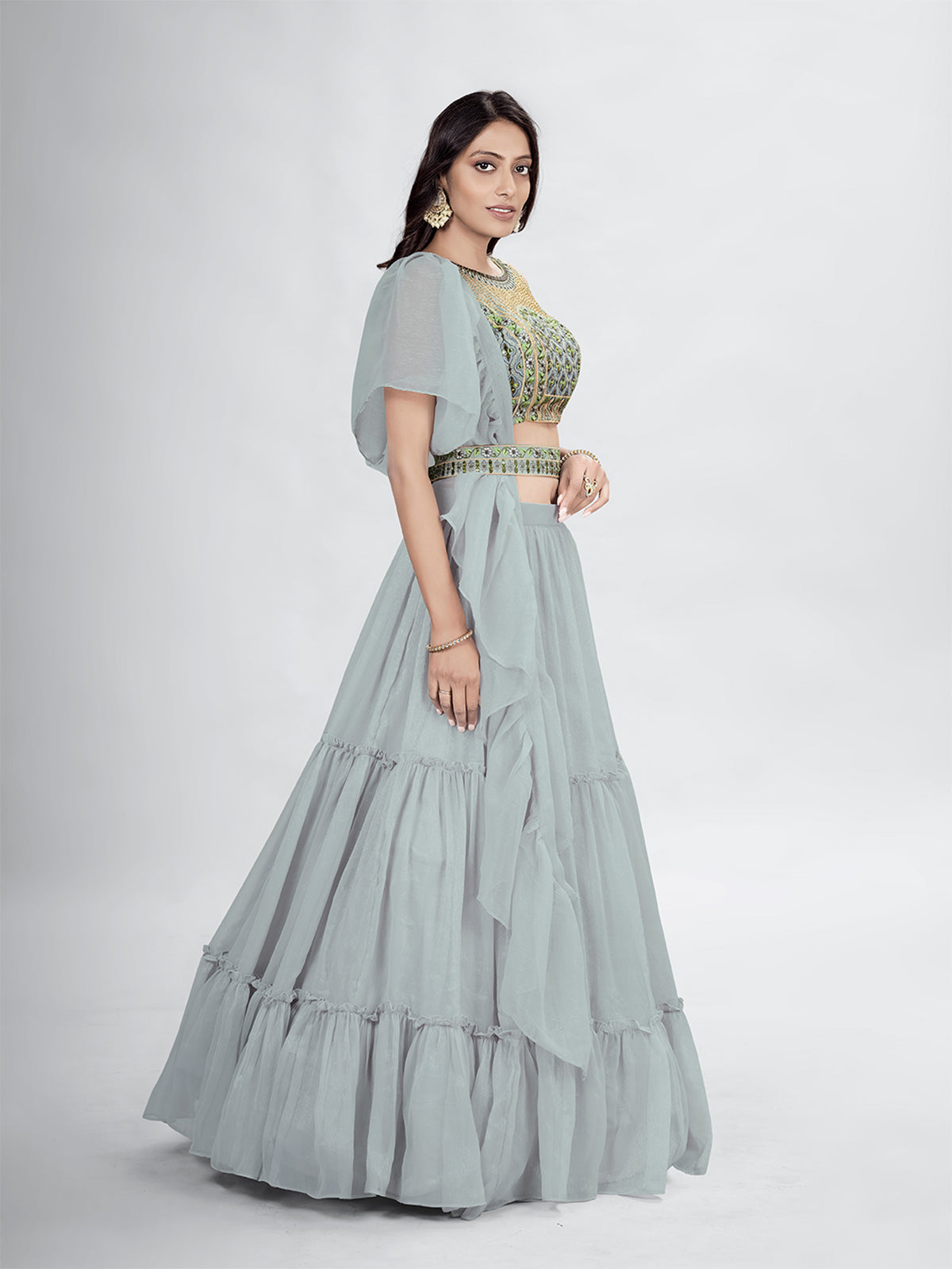 Odette Grey Chiffon Embellished Stitched Lehenga With Stitched Blouse For Women