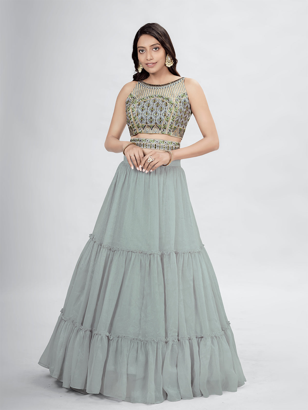 Odette Grey Chiffon Embellished Stitched Lehenga With Stitched Blouse For Women