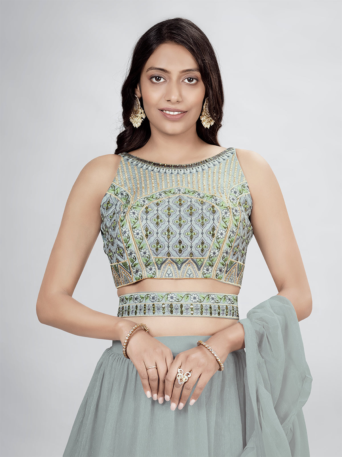 Odette Grey Chiffon Embellished Stitched Lehenga With Stitched Blouse For Women